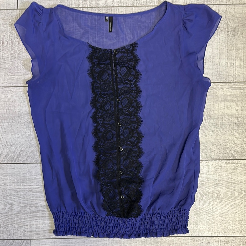 Maurices Royal Blue Blouse with Black Lace Detail